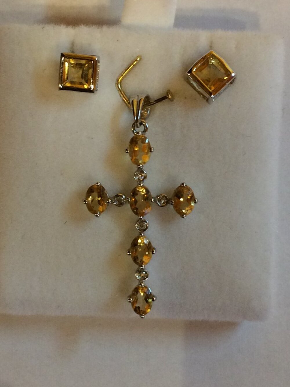 18K White gold Yellow Sapphire and Diamond Cross Pendant and Earrings